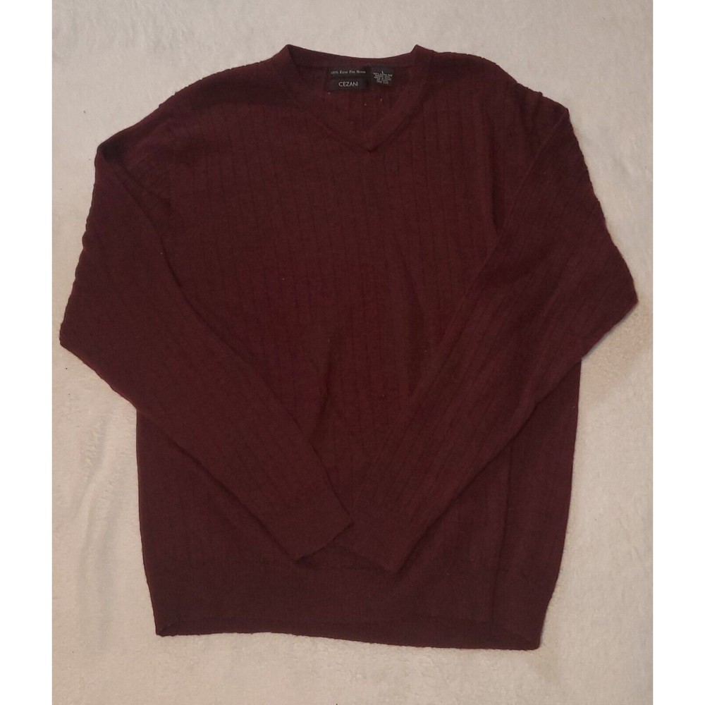 Cezani Mens Long Sleeve Knit Sweater 100% Fine Merino Wool Size L V-Neck Red